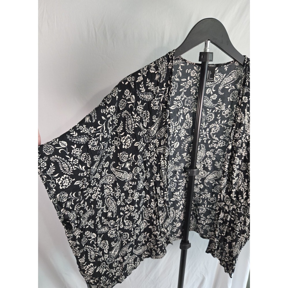 Black White Paisley Floral Boho Kimono Sz L Indie Festival Flowy Layering Casual